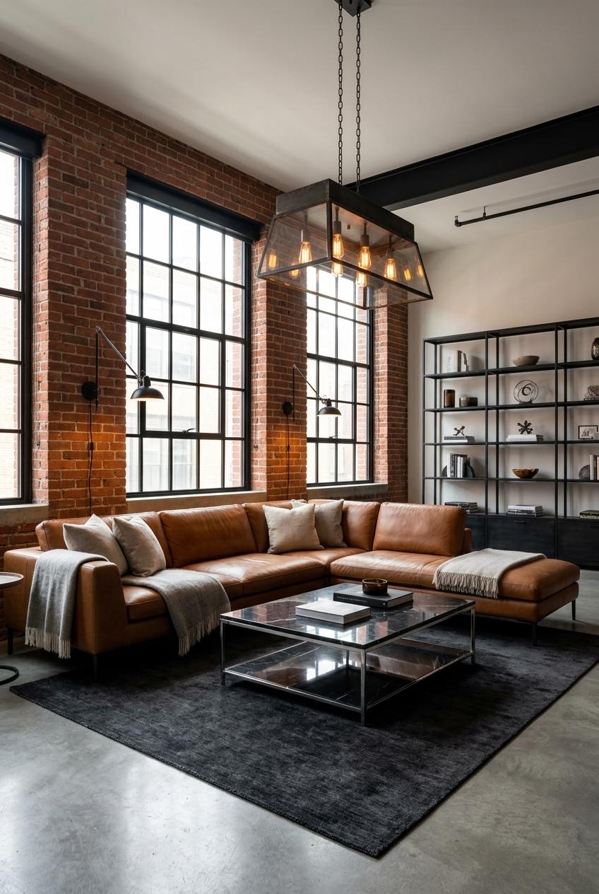 Industrial chic living room with cognac leather sectional and exposed brick