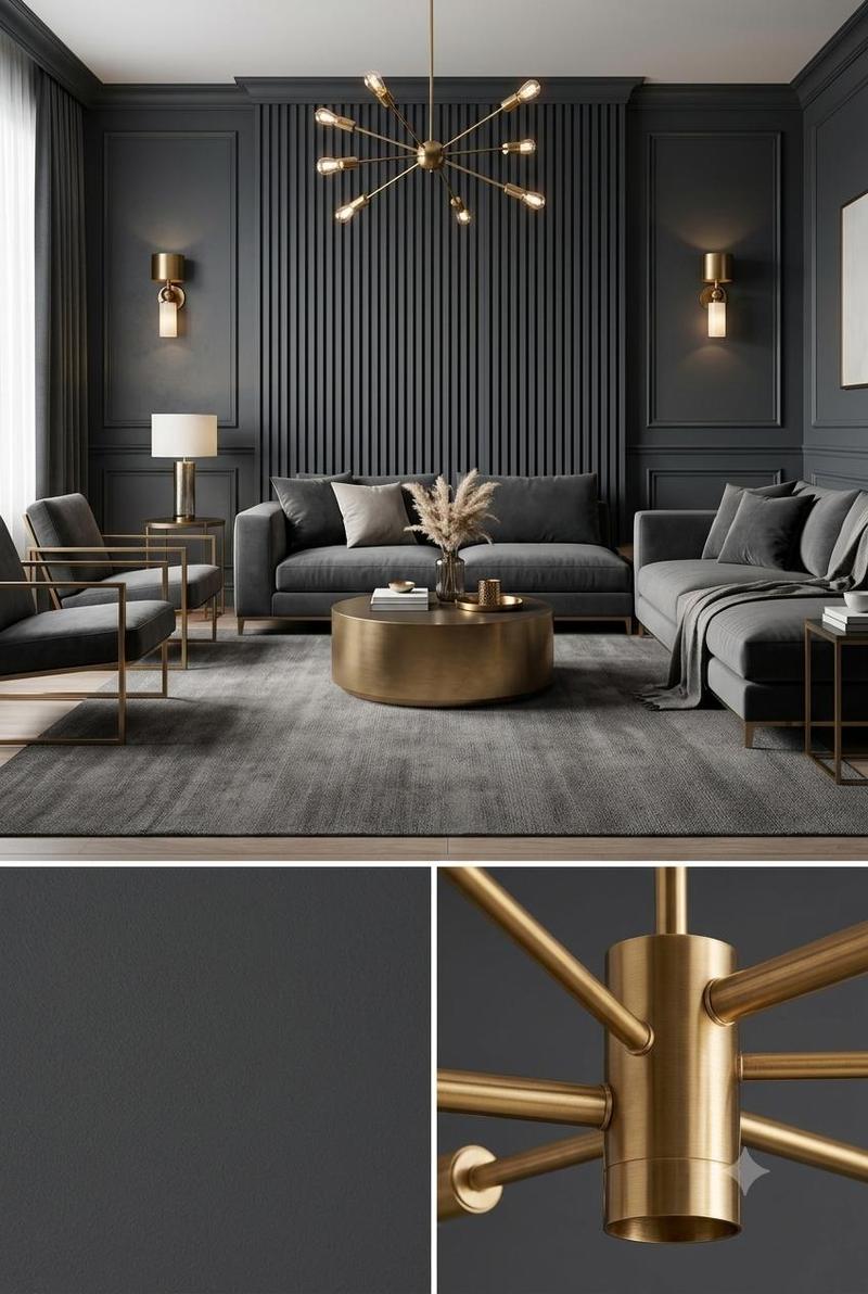 Moody Charcoal living room Pinterest pin — full room with gold sputnik chandelier, charcoal velvet sofa, and gold accents