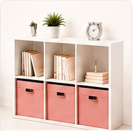 Pink bookshelf category visual for HER