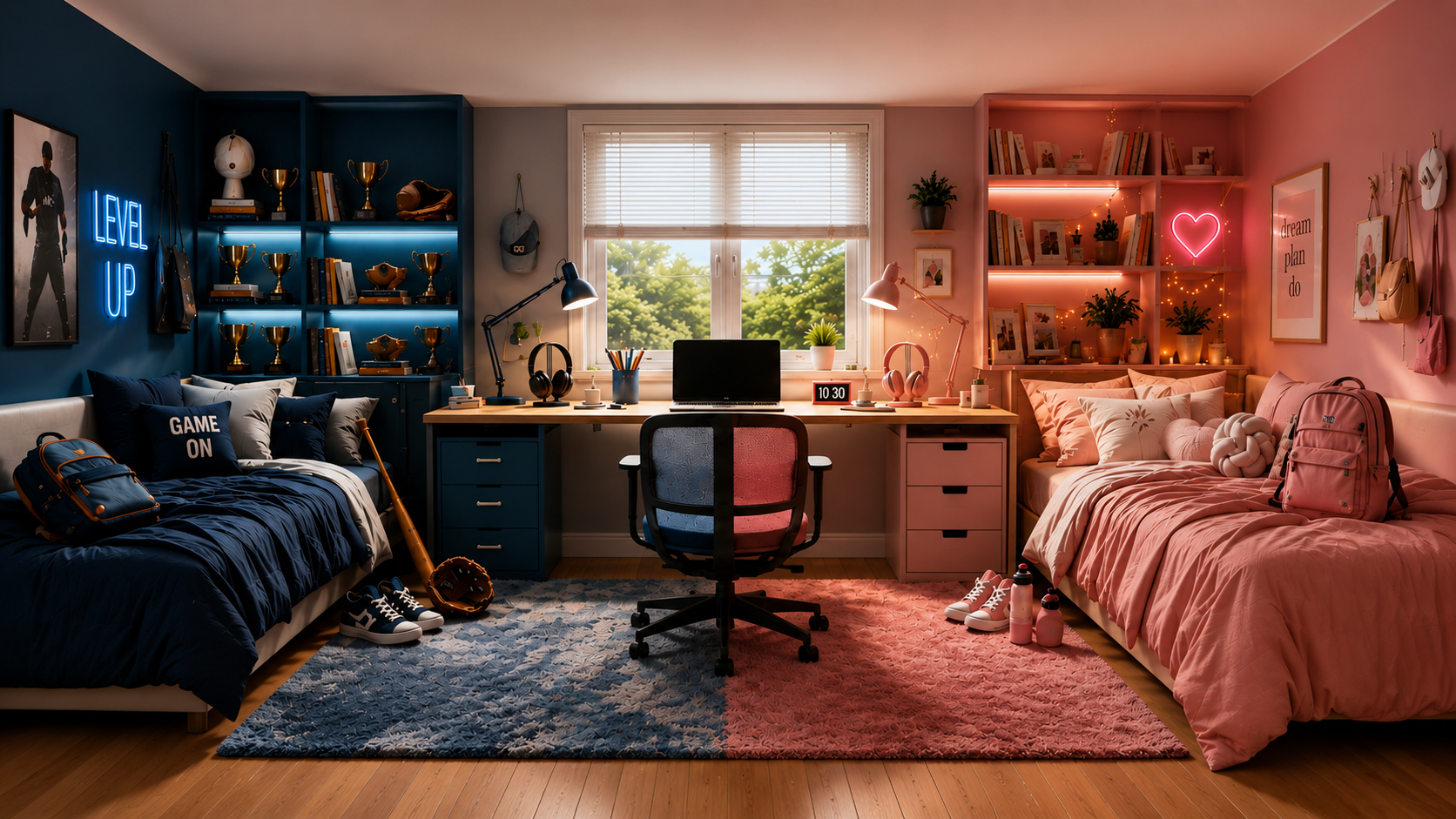 A shared Dream Study Room with a blue study and sleep zone, a pink study and sleep zone, and one central desk