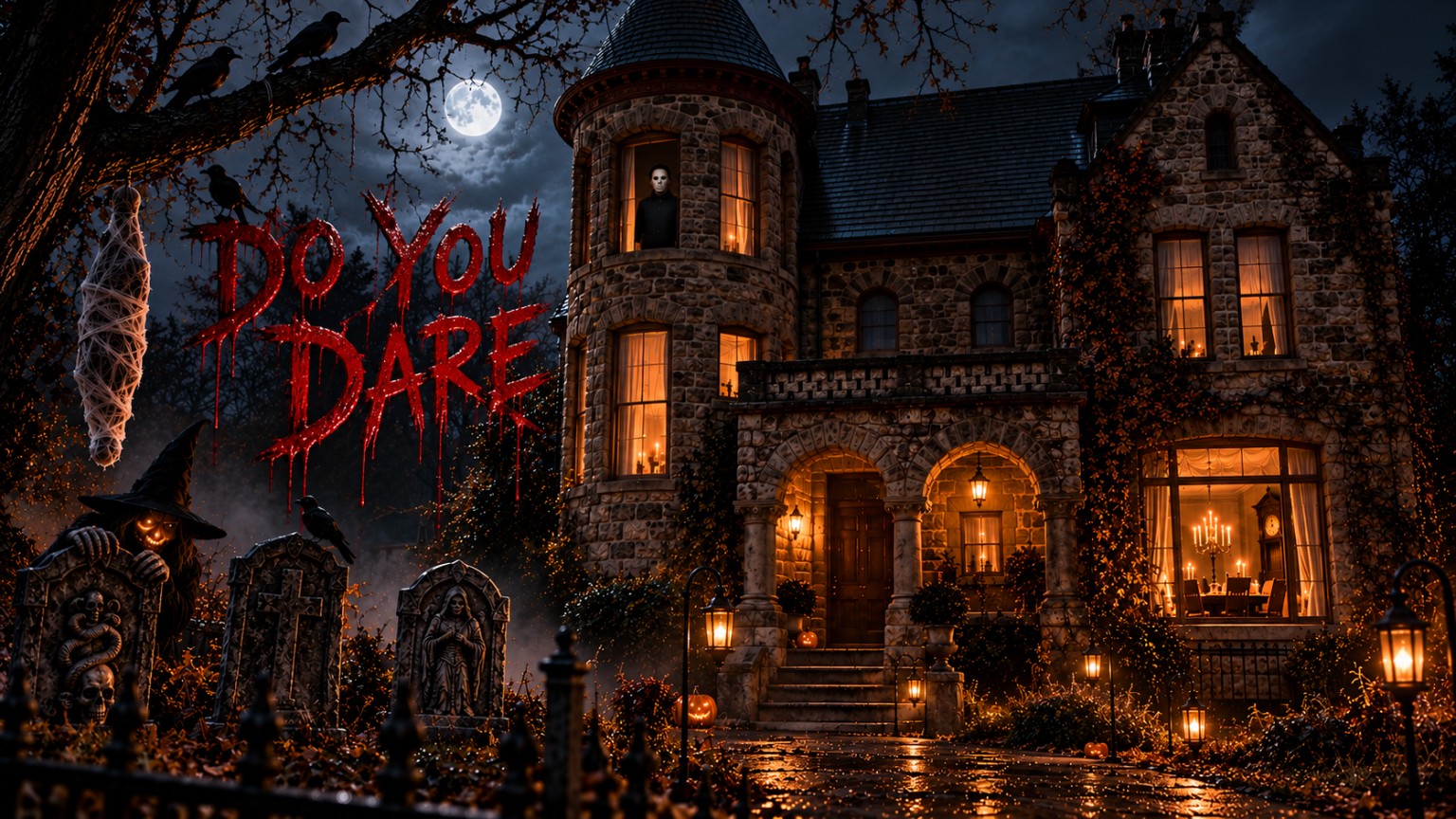 A moonlit vintage stone house decorated for Halloween with the words Do You Dare