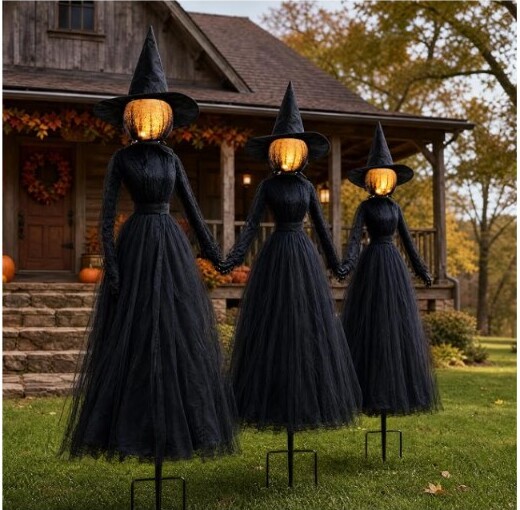Three TW SHINE six-foot Halloween witches holding hands