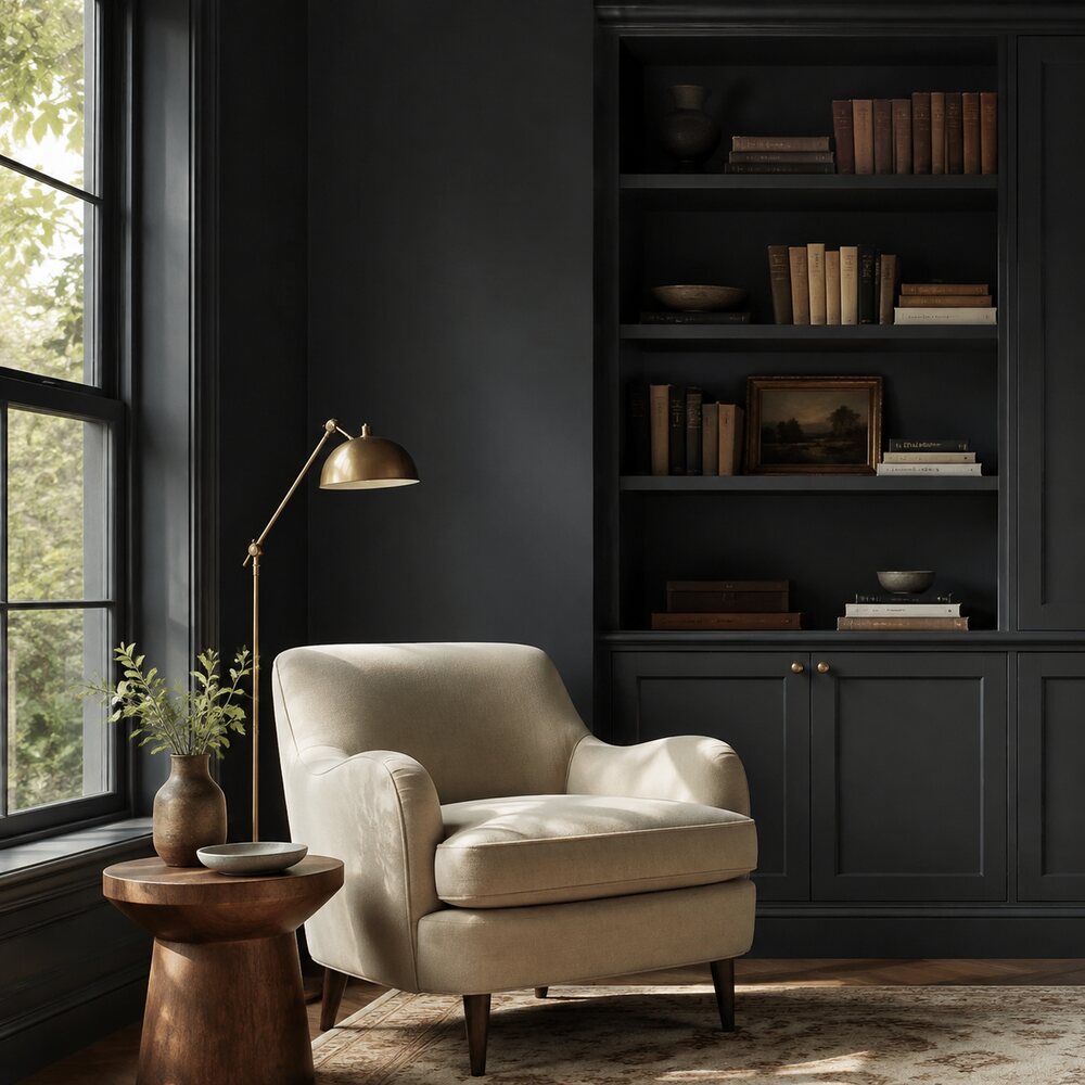 Graphite moody charcoal wall paint shown in a completed interior