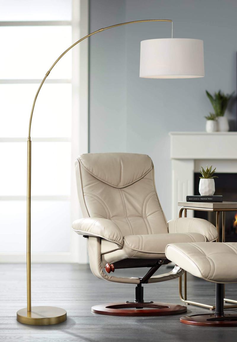 Modern Brass Arc Floor Lamp with Linen Shade