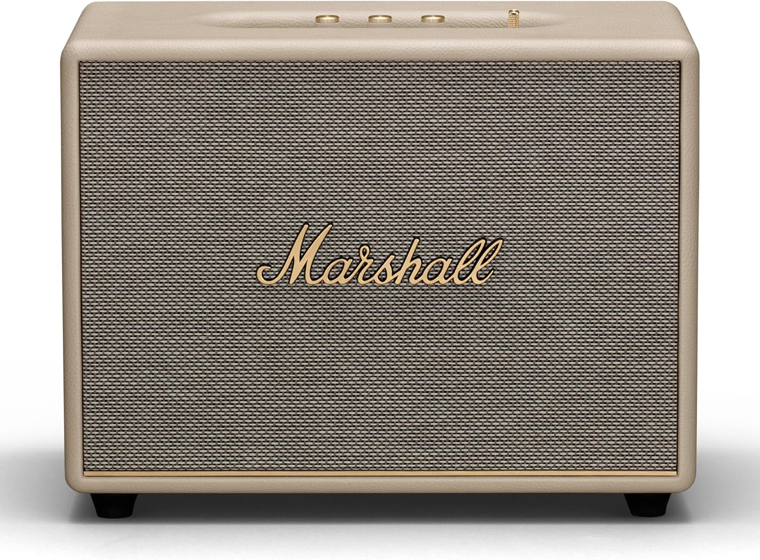 Marshall Woburn III home speaker in Cream, showing the woven grille, gold Marshall script and top controls