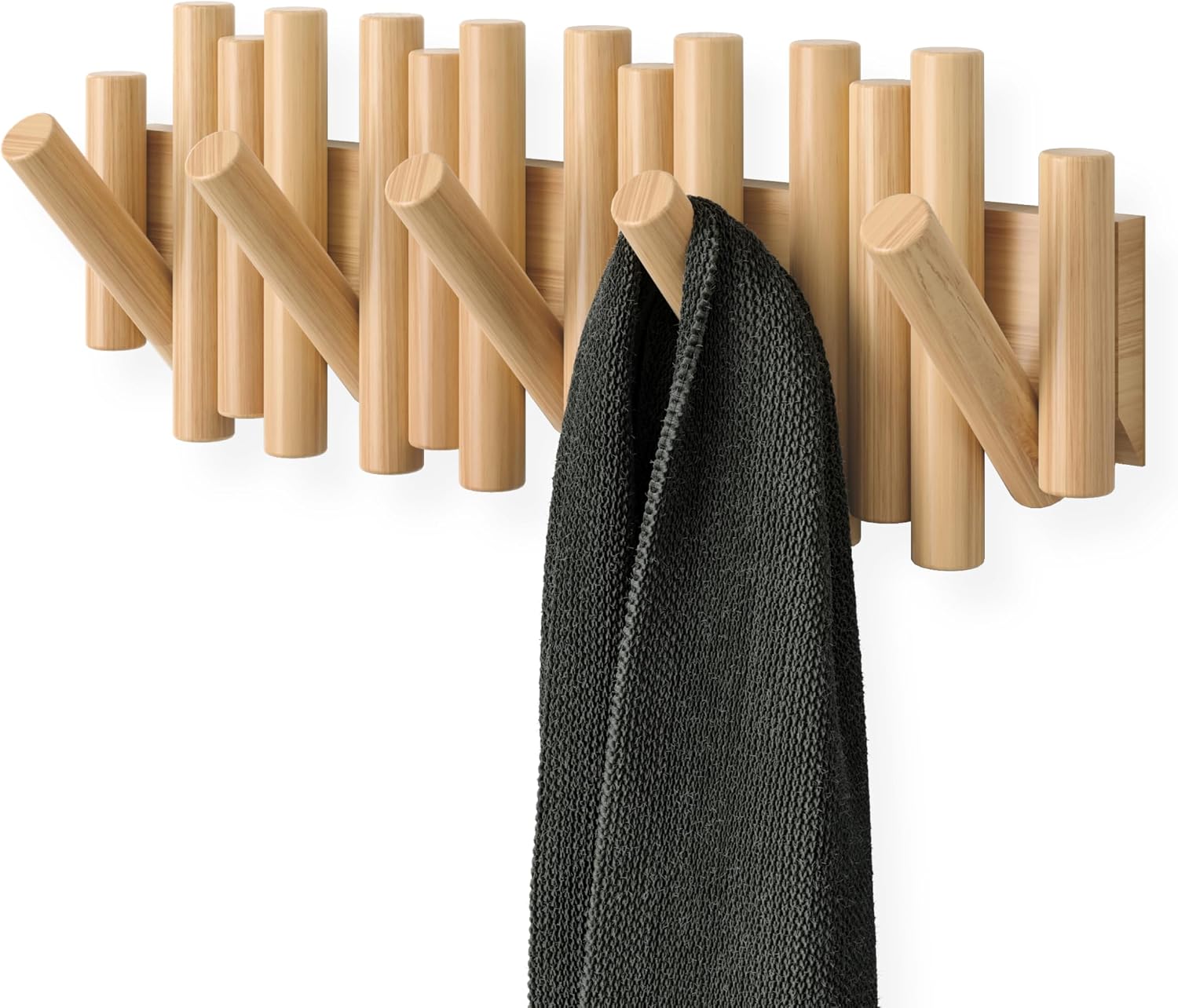 Umbra Picket in Natural, with five wooden flip-down hooks; scarf is a styling prop