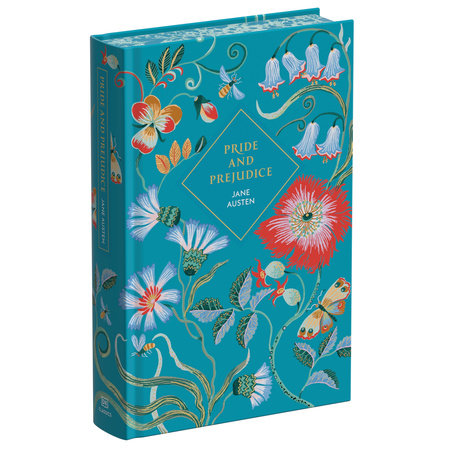 Publisher photograph of the turquoise floral DK Classics Pride and Prejudice hardcover by Jane Austen.